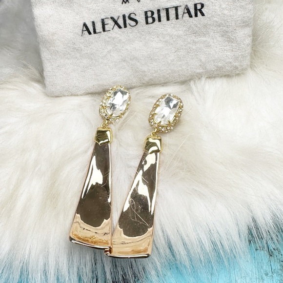 Alexis Bittar Gold Crystal Long Scoop Earrings Post Gold Plate NWOT